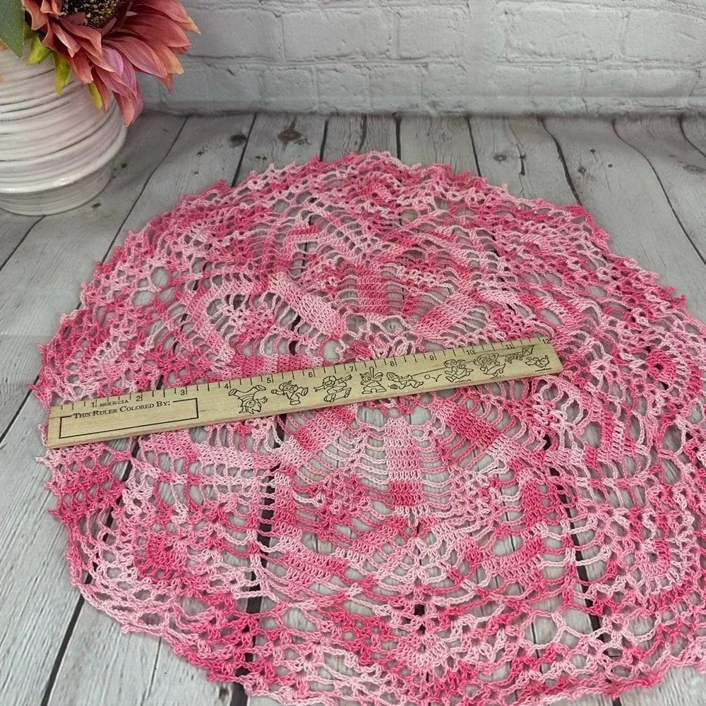 vintage large round handmade crochet pink white doily cottagecore